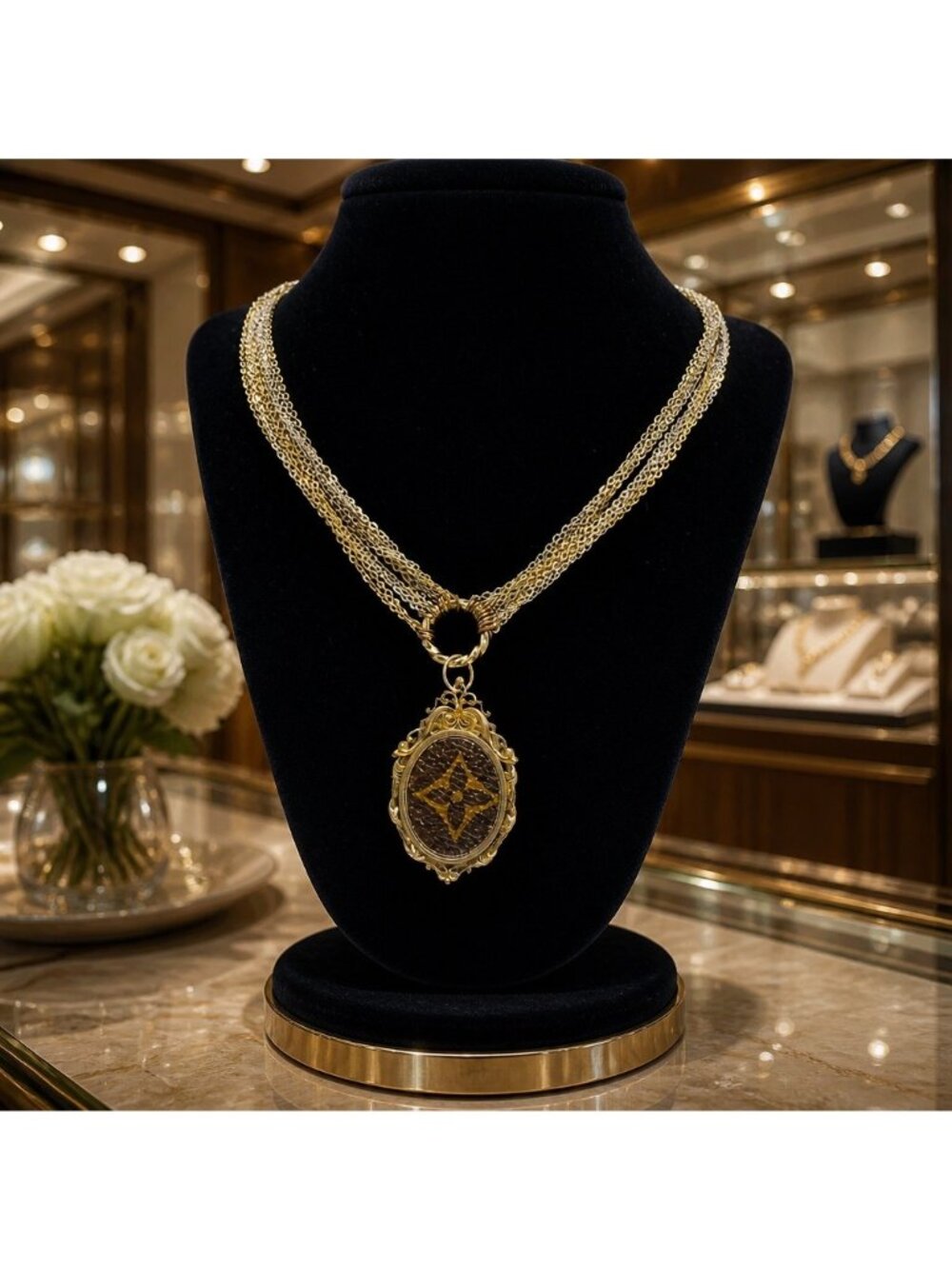 Vintage Luxury Canvas Pendant Necklace | Ornate Gold Frame | Layered Mixed Metal - Picture 2 of 10